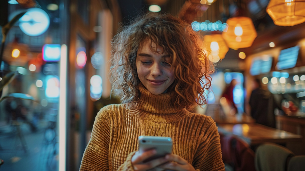 Junge Frau blickt auf ihr Smartphone und liest Informationen – Symbolbild für Chatbots und automatisierte Teilnehmerkommunikation bei Events