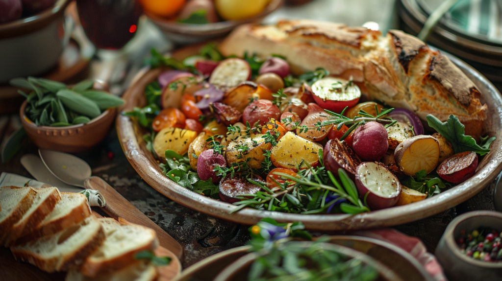 Frisch zubereiteter vegetarischer Salat mit Kartoffeln, Kräutern und frischem Brot, dekorativ angerichtet auf einem rustikalen Holztisch.