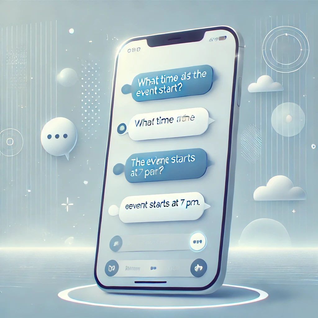 Illustration eines Smartphones mit typischen Chatbot-Nachrichten zu Eventzeiten – Darstellung automatisierter Kommunikation mithilfe von KI