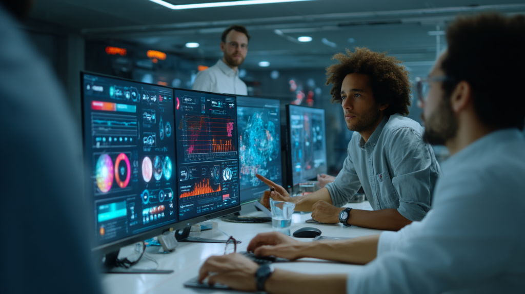 Team von Analysten diskutiert KI-generierte Dashboards in einem modernen Büro.