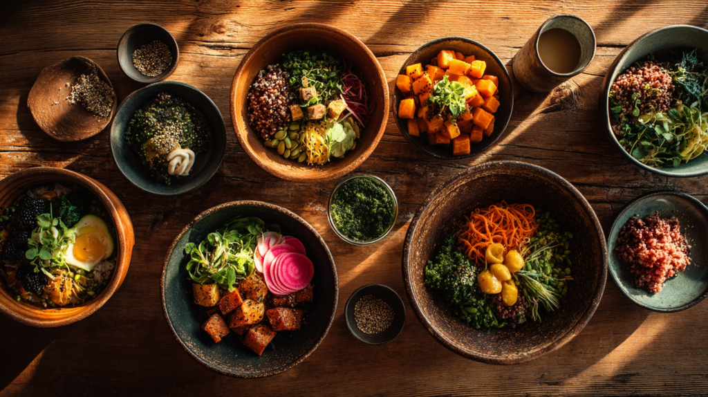 Herzhafte vegetarische Bowlgerichte mit Sonnenlicht auf rustikalem Holztisch arrangiert.