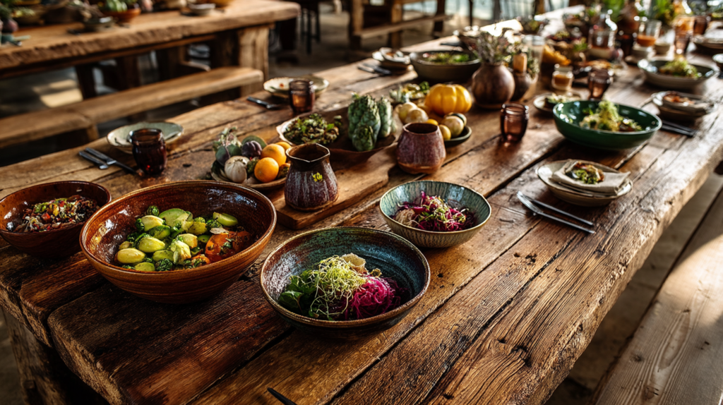 Langer Holztisch mit saisonalem Buffet aus Gemüsegerichten, rustikal dekoriert.