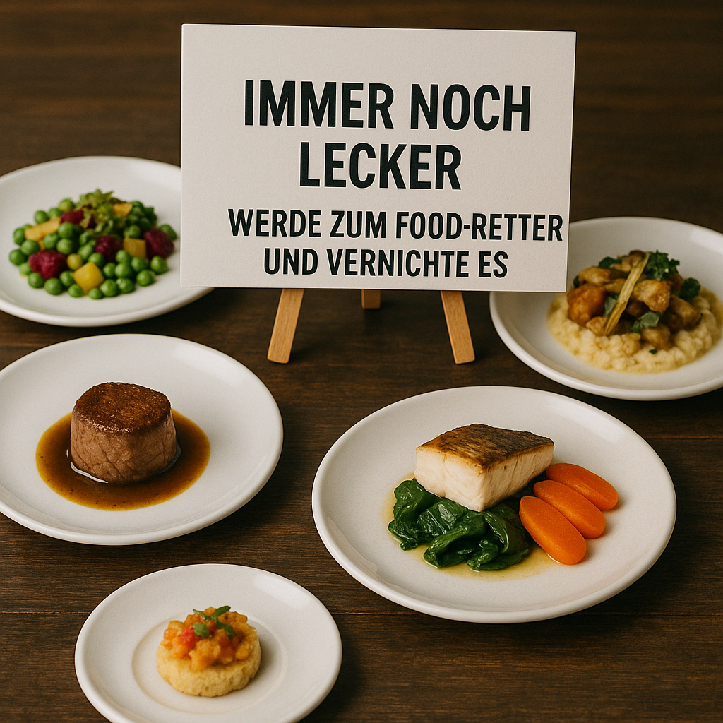 Teller mit übrig gebliebenen Gerichten und Schild: „Immer noch lecker. Werde zum Food-Retter und vernichte es!“