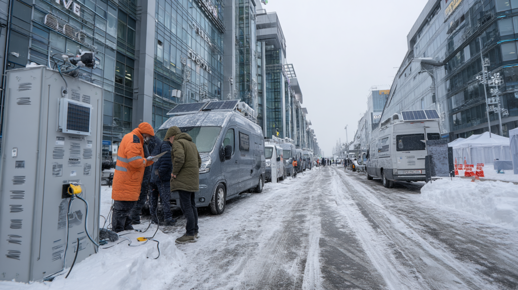 Eine winterliche Straßenszene mit technischen Übertragungswagen, Stromversorgung und eingepackten Technikern.