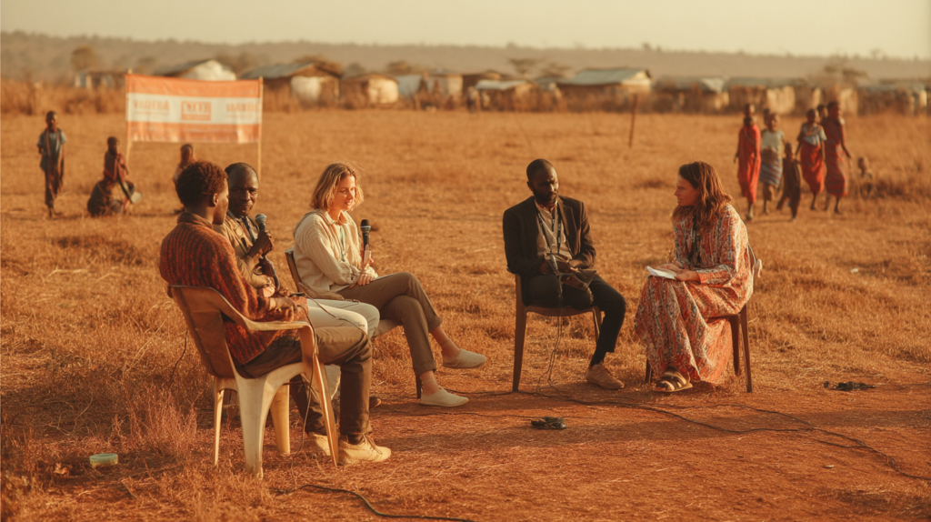 Fünf Personen führen eine Paneldiskussion auf einem trockenen Feld, umgeben von Kindern und Hütten im Hintergrund.
