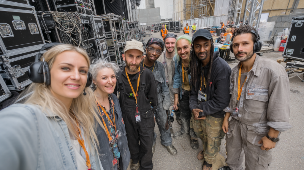 Eine internationale Crew von Eventmitarbeitenden posiert lachend vor gestapelten Technik-Cases und Kabeln hinter der Bühne.