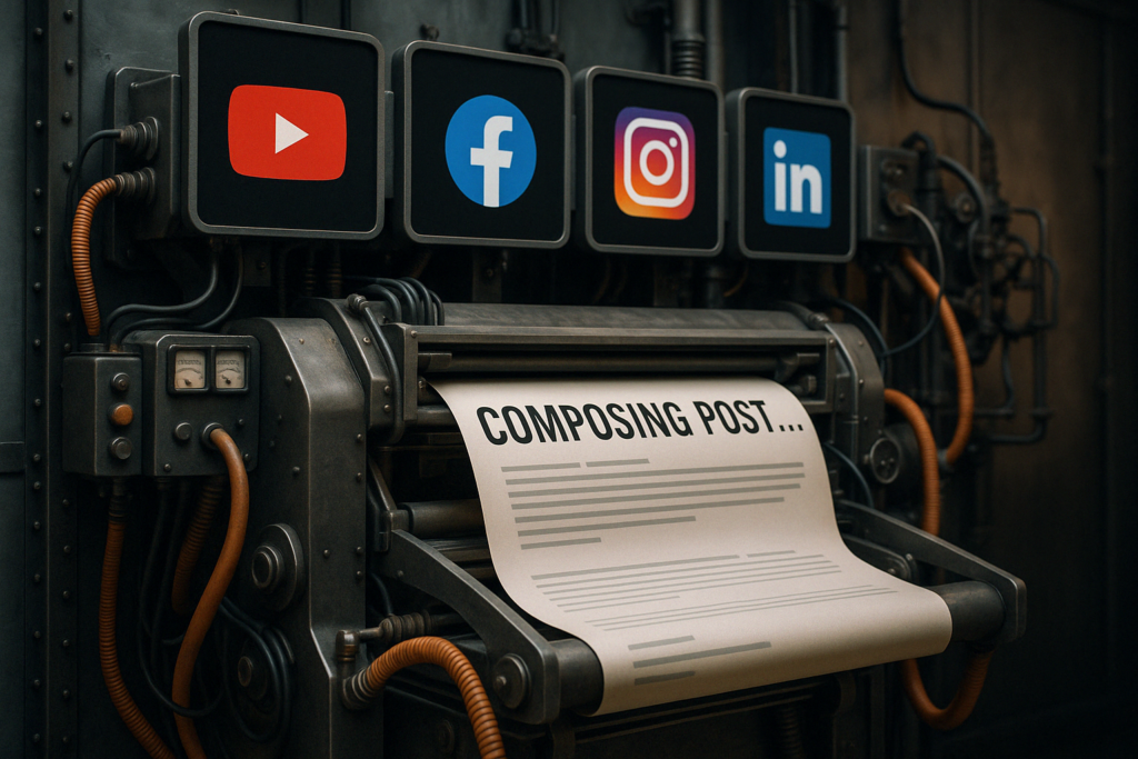 Retro-futuristische Maschine schreibt automatisch einen Social-Media-Post unter den Logos von YouTube, Facebook, Instagram und LinkedIn.
