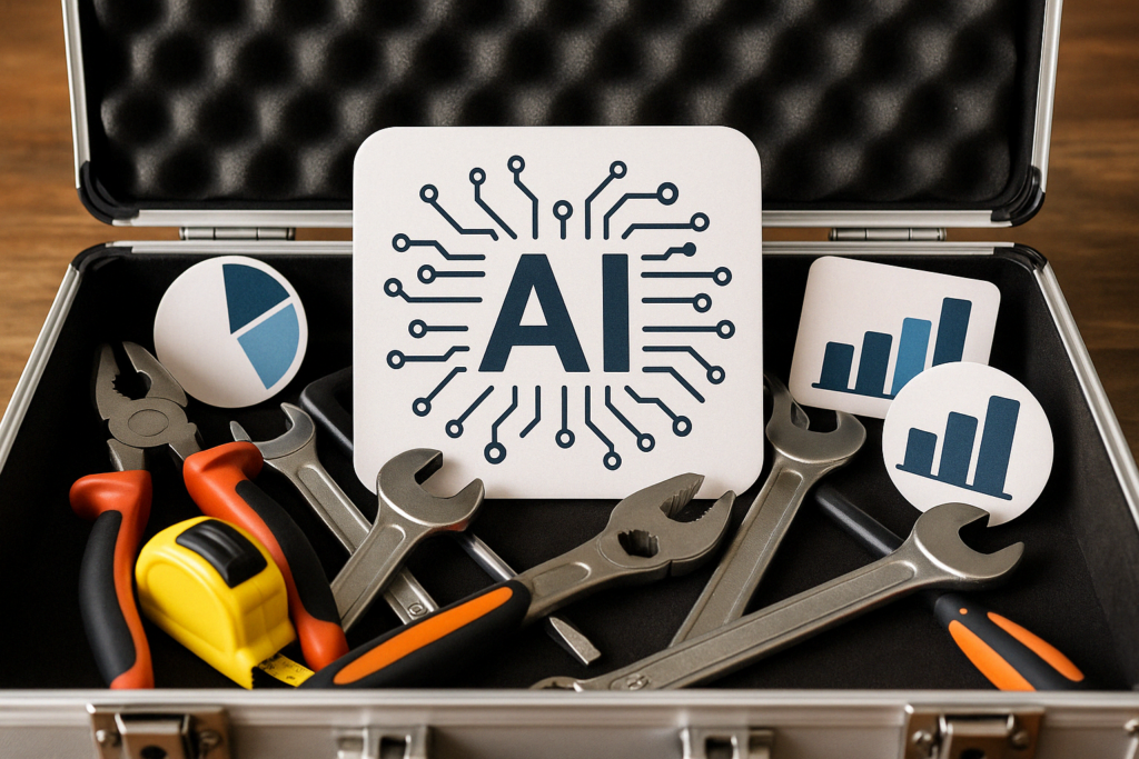 Offener Werkzeugkoffer mit klassischen Werkzeugen und Symbolen für Künstliche Intelligenz und Datenanalyse – im Mittelpunkt steht eine Karte mit „AI“.