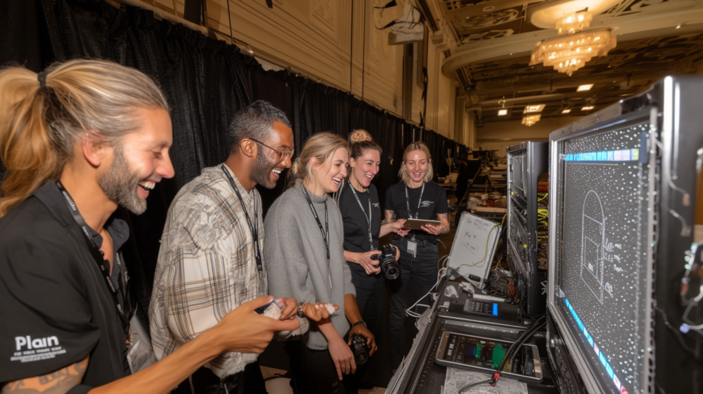 Lachendes Event-Team hinter den Kulissen, schaut auf Monitore mit technischen Daten – im Hintergrund ein festlich dekorierter Veranstaltungssaal.