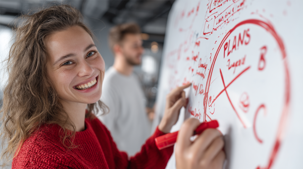 Lächelnde Frau schreibt Eventideen auf ein Whiteboard – kreative Planung in lockerer Teamatmosphäre.