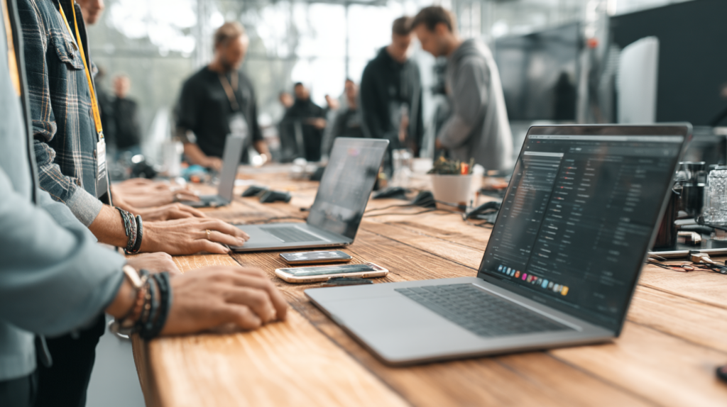 Menschen arbeiten konzentriert an Laptops an einem langen Holztisch – Szene aus der technischen Planung eines Events.