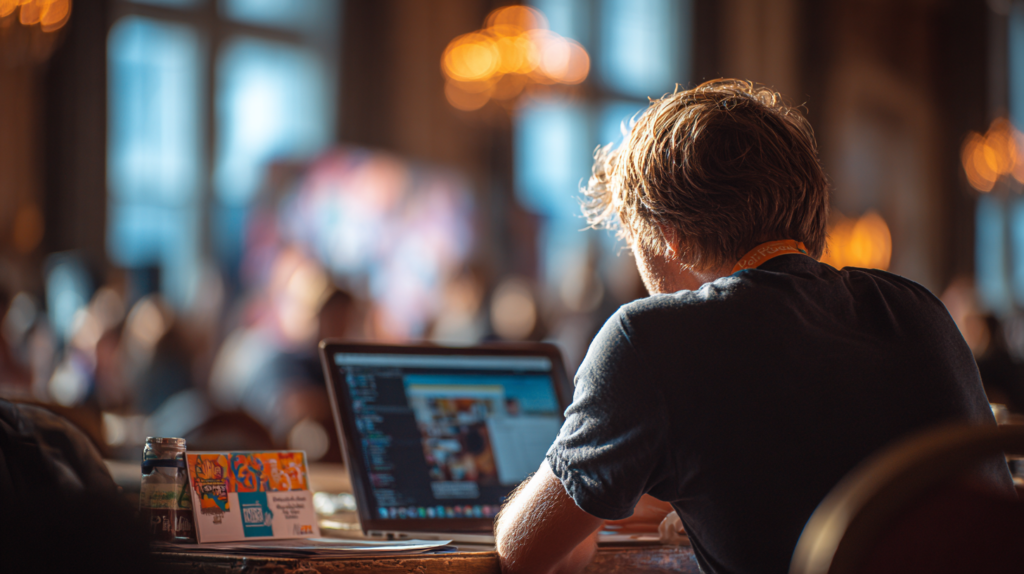 Event-Content: Mann mit Event-Badge arbeitet intensiv an einem Laptop in Veranstaltungsumgebung.